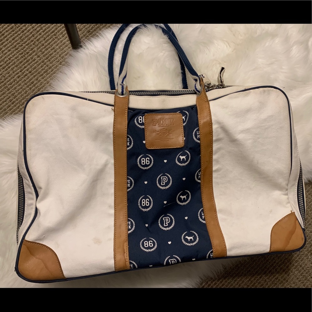 Vintage PINK Canvas and Leather Weekender Luggage Navy Monogram